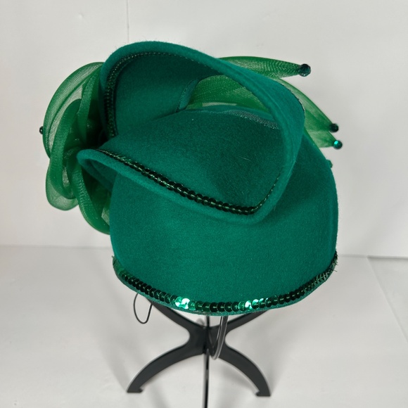 Deborah New York Hat Green 7” VTG Wool USA Sequence Tea Party Church Christmas - Picture 11 of 14